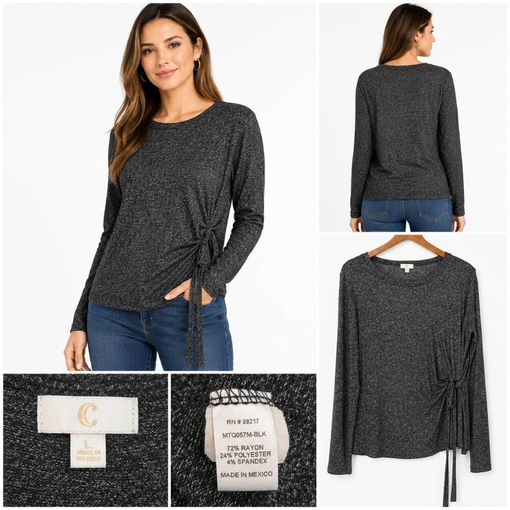 C by Cubic Women's Gray Marled Side Tie Long Sleeve Top Size L